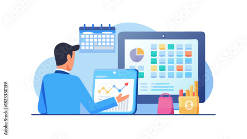 Businessman analyzing financial data on computer monitor and tablet, managing schedule, tracking business performance and growth.