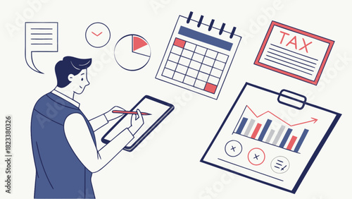 Business financial management expert meticulously analyzing tax documents, planning schedules, and reviewing data reports digitally.
