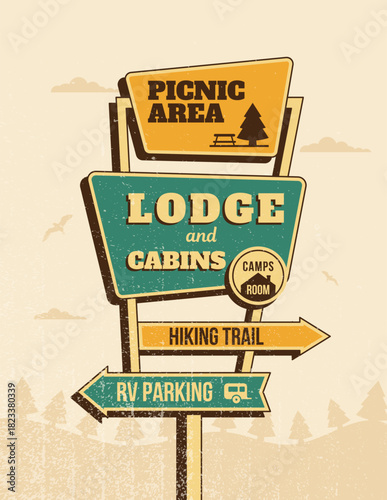 Retro camping signboards, picnic area, lodge and cabins, hiking trail, rv parking vertical poster. Vector illustration in vintage textured 1950s style for print, wall art, branding, social media