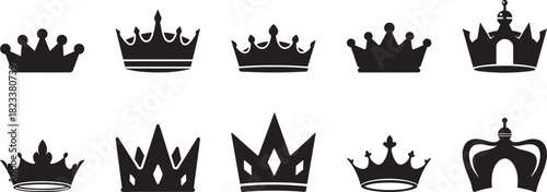 Royal Crown Emblem Line and Solid Icon Set. King and queen ceremonial crown vector silhouettes. Vector Illustration