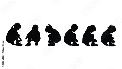 Children tying shoelaces silhouettes isolated on white background, Vector