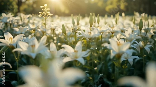 White lily field at sunrise captures serene beauty and natural elegance