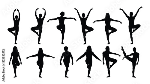 Ballet and yoga silhouettes isolated on white background, Vector
