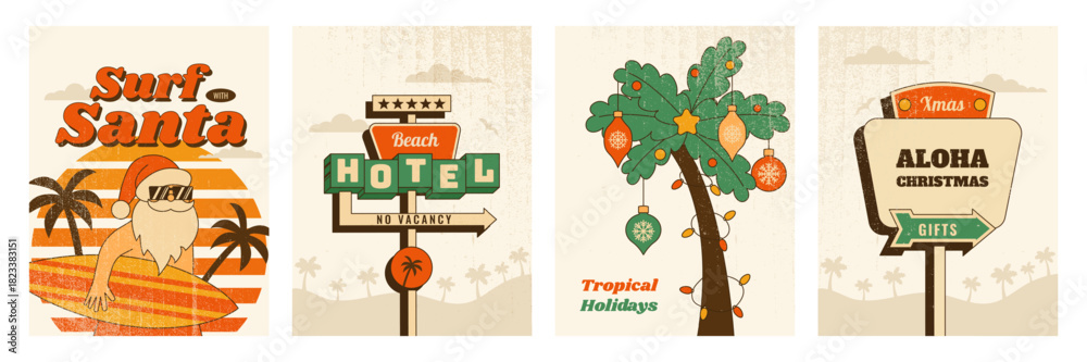 Fototapeta premium Retro Christmas vertical poster set. Vector illustration in vintage mid century 1950s style with textured for festive print, wall art, holiday branding