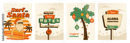 Retro Christmas vertical poster set. Vector illustration in vintage mid century 1950s style with textured for festive print, wall art, holiday branding