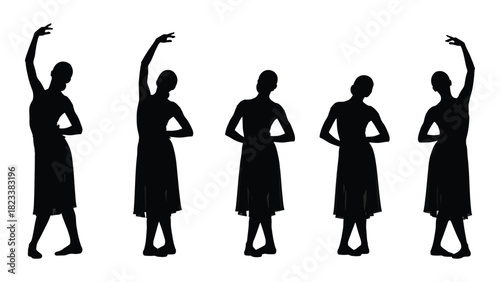 Ballet dancer silhouettes in various poses isolated on white background, Vector
