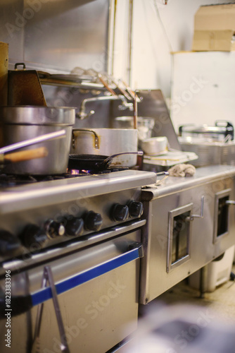 Busy Commercial Kitchen With Pots On Stove And Stainless Steel Equipment In Use