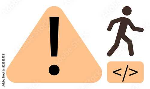Large caution triangle with exclamation mark next to walking person and coding brackets. Ideal for warning, safety, digital transition, risk, web design, programming, development. Simple flat