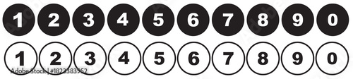 Number icons set from 0 to 9 in filled and outlined circle style black color isolated vector illustration. Typography set of rounds 0 to 9 Numbers. Bullet point number icon.