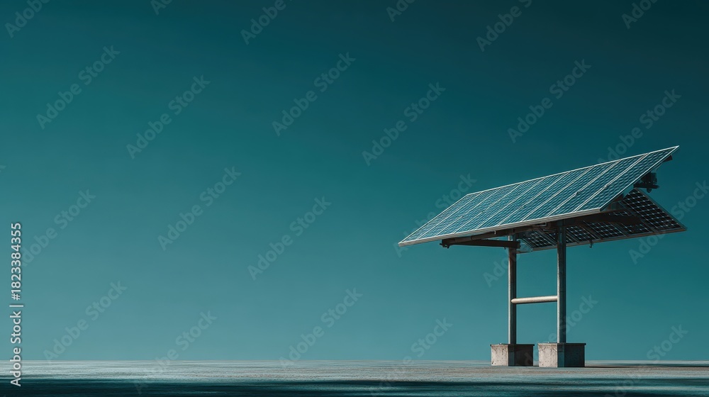 Fototapeta premium A lone solar panel array on a simple metal support stands against a vast, gradient blue sky, with a slightly textured foreground.