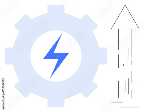 Gear with blue lightning bolt and upward arrow suggesting power, innovation, growth, and success. Ideal for energy, technology, progress, efficiency innovation business strategy and growth. Simple