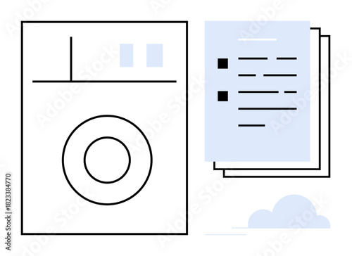 Washing machine and stacked documents suggest managing tasks efficiently. Ideal for home organization, task automation, cloud storage, paperless workflows, data security, productivity, simple flat