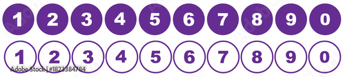 Set of counting numbers from 0-9 in black circles stroke and fill. Set of bullet point numbers from 0-9. Numeric typography of numbers from 0 to 9 for apps and UI isolated in stroke and fill styles