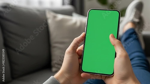 POV of person lying on sofa holding smartphone with green screen chroma key