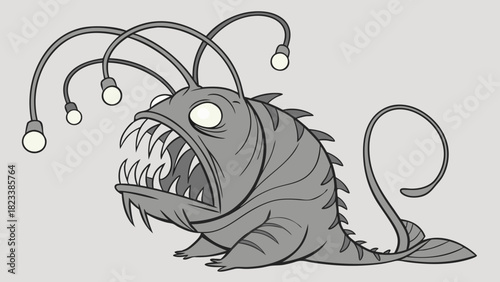 Cartoon Anglerfish with Bioluminescent Lures and Sharp Teeth Illustration