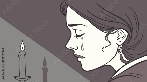 A Weeping Woman with Candlelight Expressing Grief and Sorrow