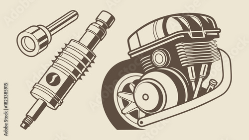 Detailed motorcycle engine spark plug and tool illustration in brown line art