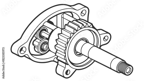 Detailed technical drawing of a gear assembly with visible bearings and threaded shaft