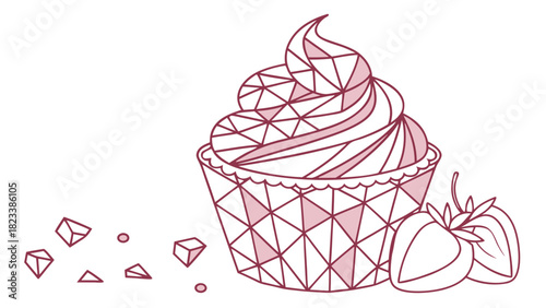 Geometric Cupcake with Strawberry Duo Outlined in Rose Scattered Sugar Cubes