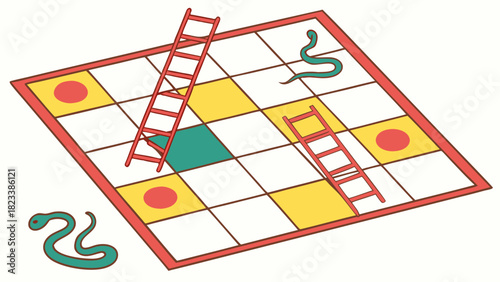 Snakes and Ladders Game Board with Red Ladders and Green Snakes Illustration