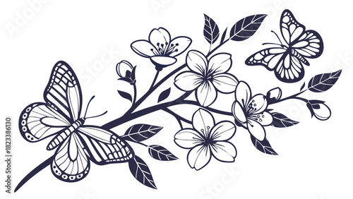 Stylized Cherry Blossom Branch with Two Butterflies in Line Art