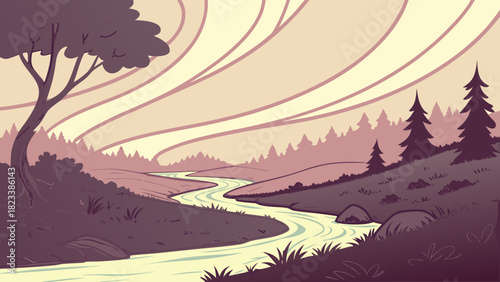 Stylized landscape with winding river bare tree and silhouetted evergreen forest