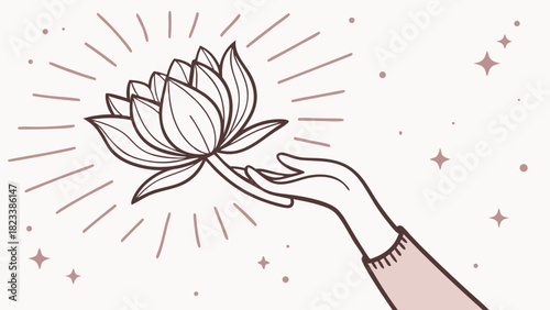 Stylized Lotus Flower Held Gently by a Hand with Radiating Lines
