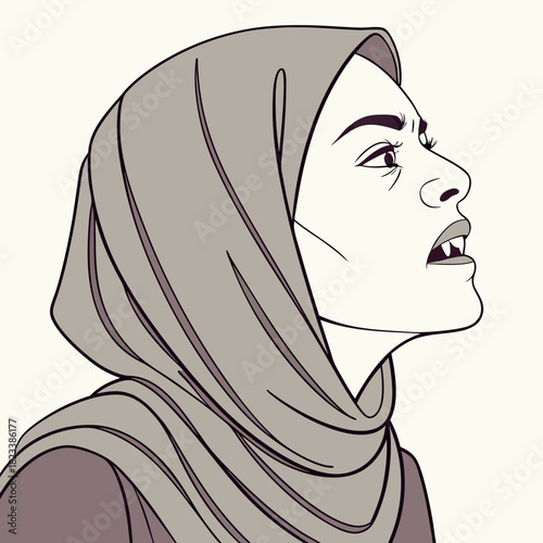 Stylized Portrait of a Woman with Fangs and a Hijab Looking Upward