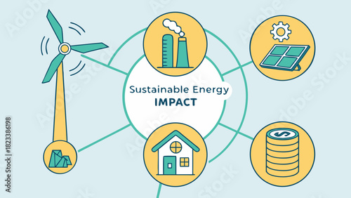 Sustainable Energy Impact Graphic with Wind Turbine Factory Solar Panel House and Coins