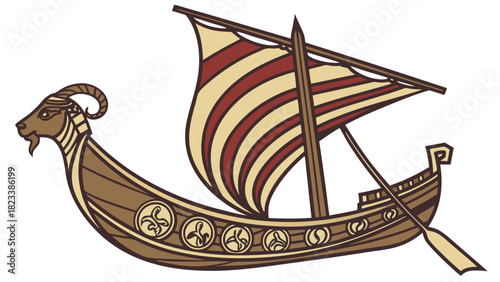 Stylized Viking Longship with Ram Head Striped Sail and Oar Detail