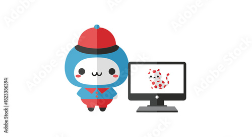 Cute blue character with red hat and shirt stands next to a computer displaying a spotted cat illustration