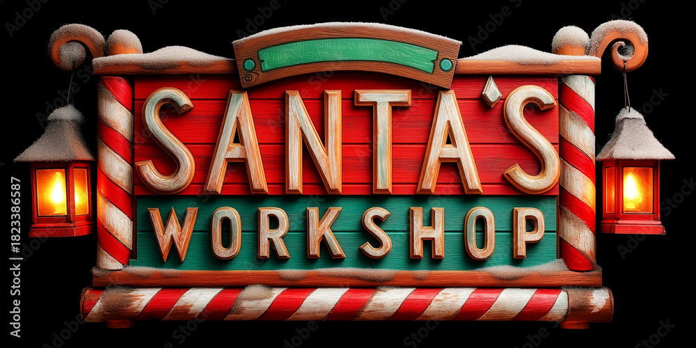 Fototapeta premium Santa's Workshop Festive Wooden Sign with Lanterns