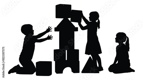 Children playing with building blocks silhouette isolated on white background, Vector