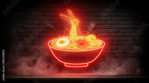 A vibrant red neon sign shaped like a steaming bowl of ramen illuminates a dark brick wall with wisps of smoke adding atmosphere.