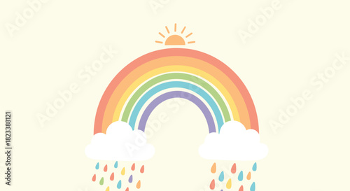 A cheerful and minimalist illustration of a vibrant rainbow arching over two white clouds with colorful raindrops, under a bright sun.