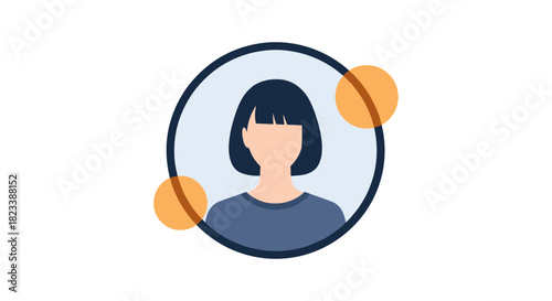 Minimalist illustration of a female user avatar with a bob haircut, framed in a circle with abstract orange elements, on a white background.