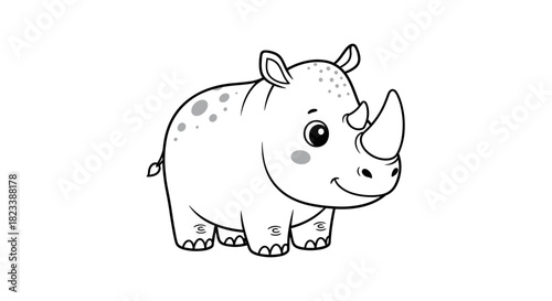 Adorable black and white cartoon baby rhino illustration, featuring a friendly smile and subtle dotted patterns, standing on a clean white background.