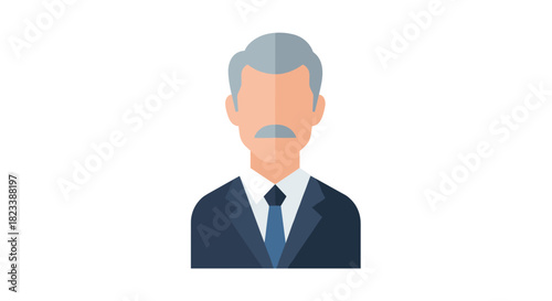 Stylized flat icon depicting a senior businessman with gray hair and a mustache, wearing a suit and tie, suitable for professional profiles.