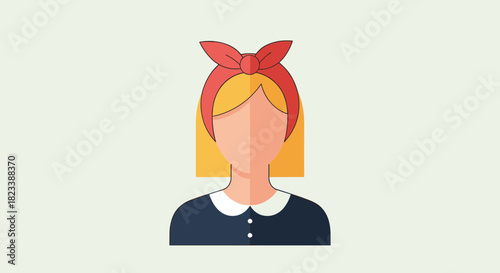 A cheerful flat design illustration portraying a woman with blonde hair, a stylish red bow headband, and a classic Peter Pan collar top.