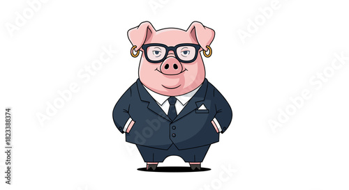 A charming cartoon pig character, smartly dressed in a business suit with glasses and golden earrings, stands confidently.
