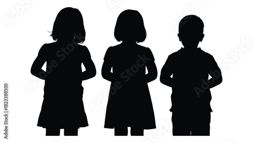 Children silhouettes standing isolated on white background, Vector