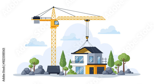 A towering yellow construction crane lifts a modern prefabricated house onto a building site, showcasing efficiency and innovation in home construction.