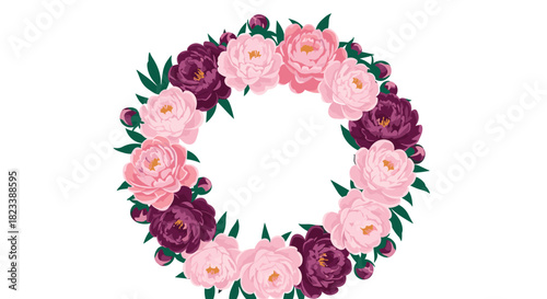 A beautiful circular wreath arrangement featuring vibrant pink and deep purple peonies with green leaves, perfect for elegant invitations and designs.