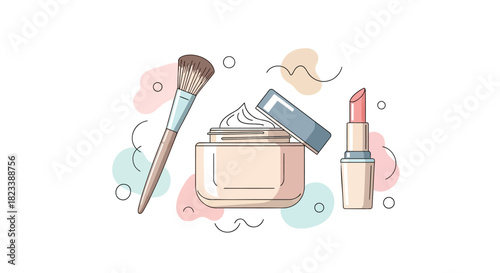 Minimalist flat illustration of makeup products including a cream jar lipstick and brush with abstract shapes and circles