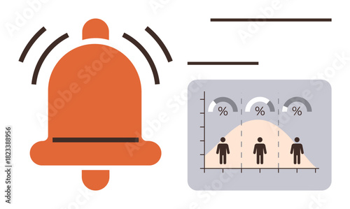 Ringing bell signaling an alert beside a graph illustrating population distribution with percentage data. Ideal for data analysis, alerts, notifications, statistics, trends, monitoring, insights. A