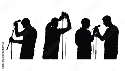 Silhouettes of men with microphones isolated on white background, Vector