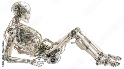 Robotic skeleton anatomy with articulated actuators and detailed mechanical components in reclining pose, showcasing advanced engineering and transparent design