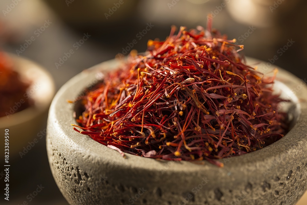 Fototapeta premium Pile of saffron threads in a stone bowl with shallow depth of field