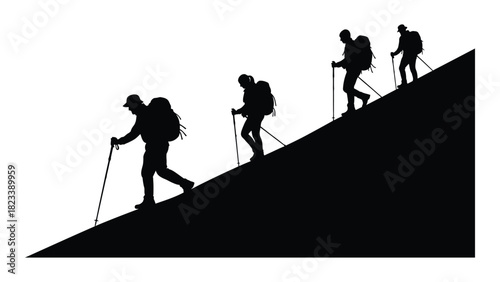 Silhouettes of hikers ascending a slope isolated on white background, Vector