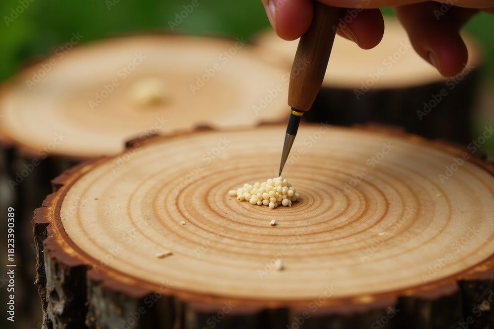 Obraz premium Precisely Placing Small Pale Objects Onto a Wooden Disc Using a Fine-Pointed Tool